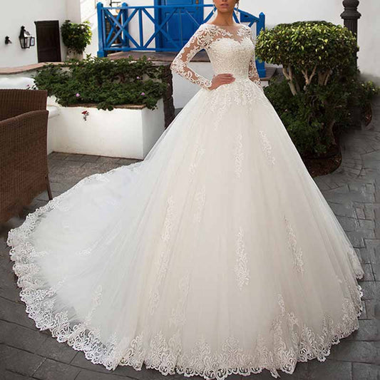 Lace Applique Wedding Dresses Long Sleeve Bridal Chapel Train Bridal Dress