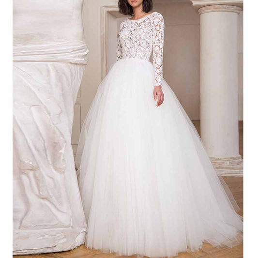 Lace Boat Neck Wedding Party Gown Tulle Long Sleeve Wedding Dress