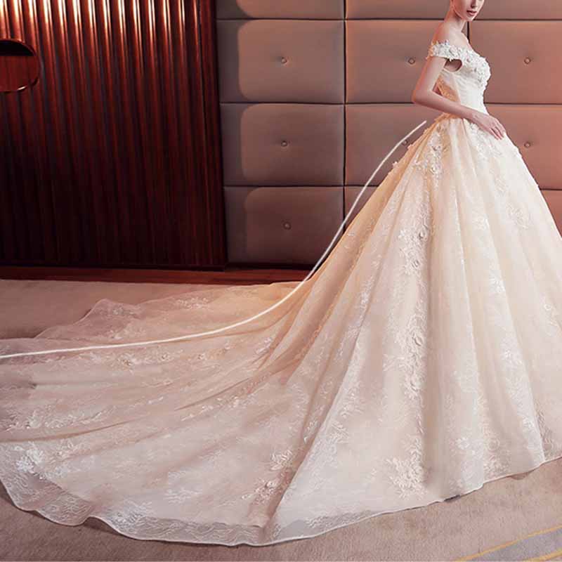 Lace Train Wedding Dress for Bride A Line Bride Dress Tulle Strapless