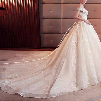 Lace Train Wedding Dress for Bride A Line Bride Dress Tulle Strapless