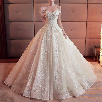 Lace Train Wedding Dress for Bride A Line Bride Dress Tulle Strapless
