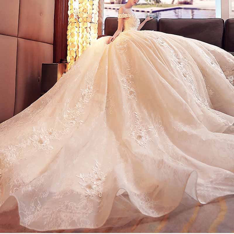 Lace Train Wedding Dress for Bride A Line Bride Dress Tulle Strapless
