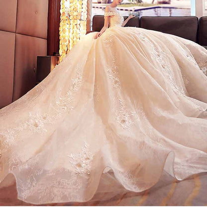 Lace Train Wedding Dress for Bride A Line Bride Dress Tulle Strapless
