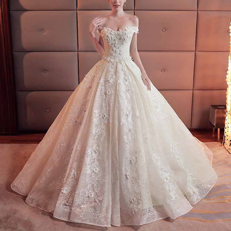 Lace Train Wedding Dress for Bride A Line Bride Dress Tulle Strapless