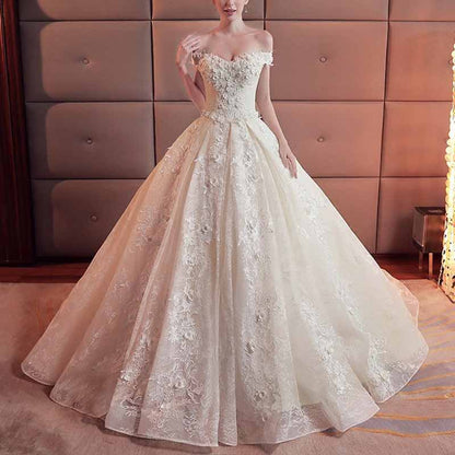 Lace Train Wedding Dress for Bride A Line Bride Dress Tulle Strapless
