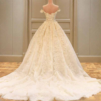 Lace Train Wedding Dress for Bride A Line Bride Dress Tulle Strapless