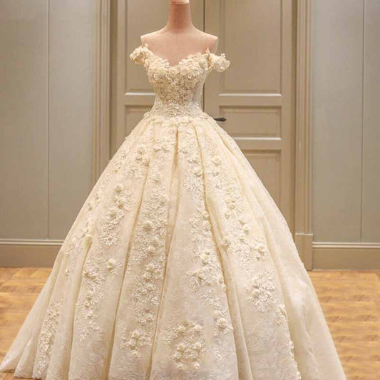 Lace Train Wedding Dress for Bride A Line Bride Dress Tulle Strapless