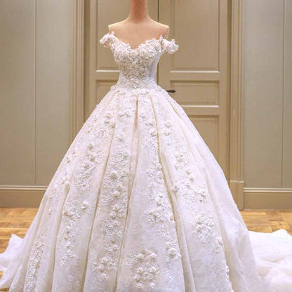 Lace Train Wedding Dress for Bride A Line Bride Dress Tulle Strapless