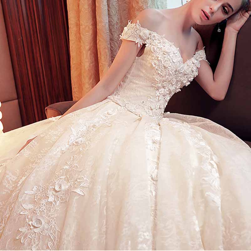 Lace Train Wedding Dress for Bride A Line Bride Dress Tulle Strapless