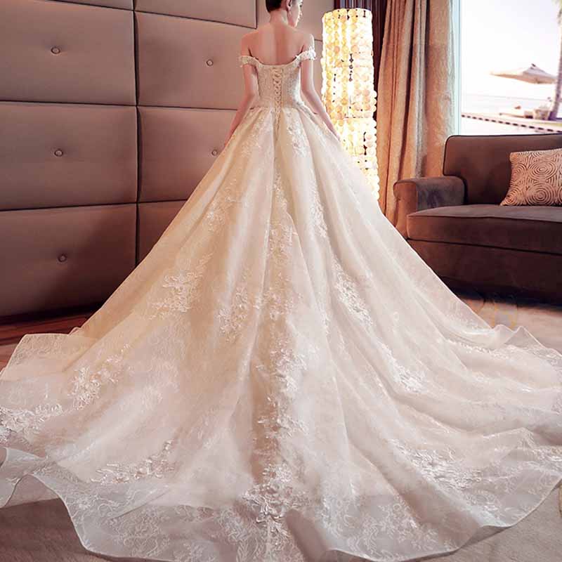 Lace Train Wedding Dress for Bride A Line Bride Dress Tulle Strapless