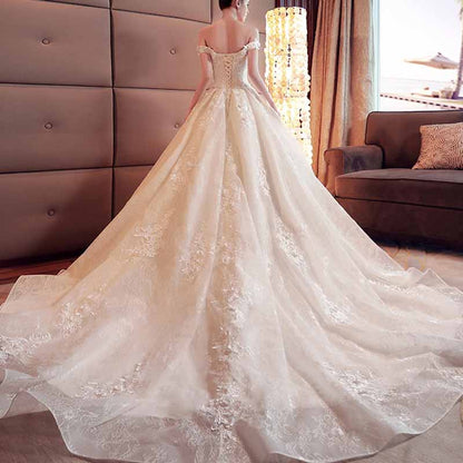 Lace Train Wedding Dress for Bride A Line Bride Dress Tulle Strapless