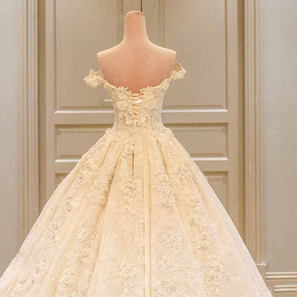 Lace Train Wedding Dress for Bride A Line Bride Dress Tulle Strapless