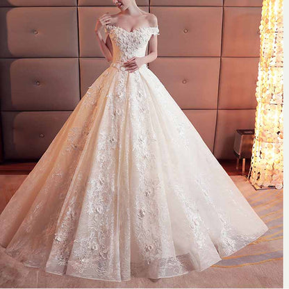 Lace Train Wedding Dress for Bride A Line Bride Dress Tulle Strapless