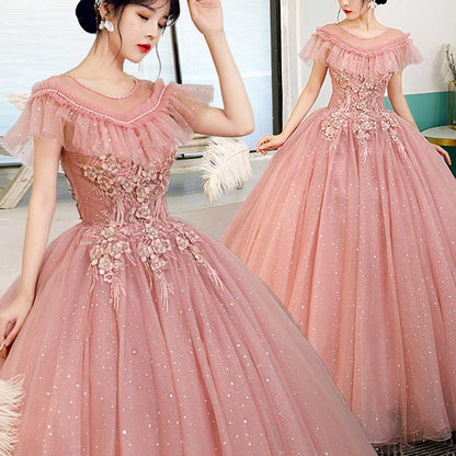 Lace Pink Ball Gown With Appliques Quinceanera Dresses