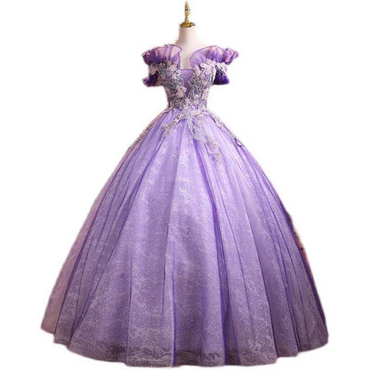 Lavender Tulle Quinceanera Dresses Flower Appliques Ball Gown
