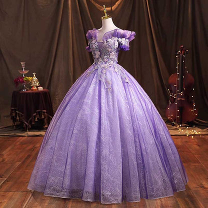 Lavender Tulle Quinceanera Dresses Flower Appliques Ball Gown