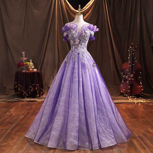 Lavender Tulle Quinceanera Dresses Flower Appliques Ball Gown