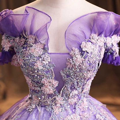 Lavender Tulle Quinceanera Dresses Flower Appliques Ball Gown