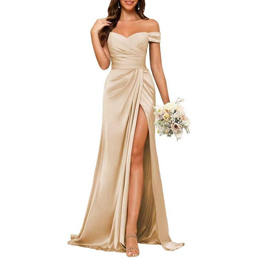 Long Satin Bridesmaid Dress Off-the-Shoulder Neckline & High-Leg Split