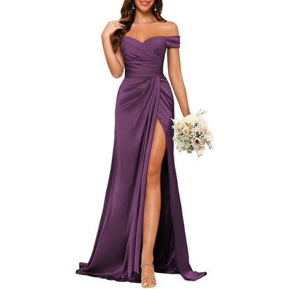 Long Satin Bridesmaid Dress Off-the-Shoulder Neckline & High-Leg Split