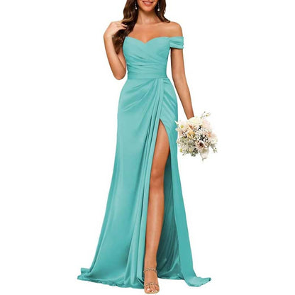 Long Satin Bridesmaid Dress Off-the-Shoulder Neckline & High-Leg Split