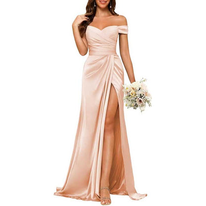 Long Satin Bridesmaid Dress Off-the-Shoulder Neckline & High-Leg Split