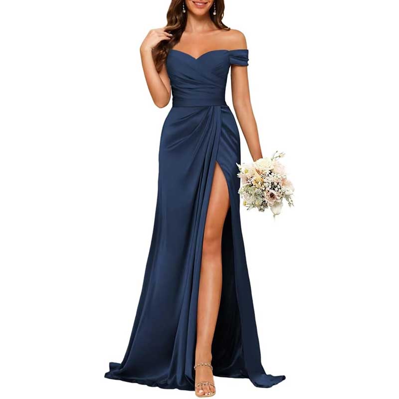 Long Satin Bridesmaid Dress Off-the-Shoulder Neckline & High-Leg Split