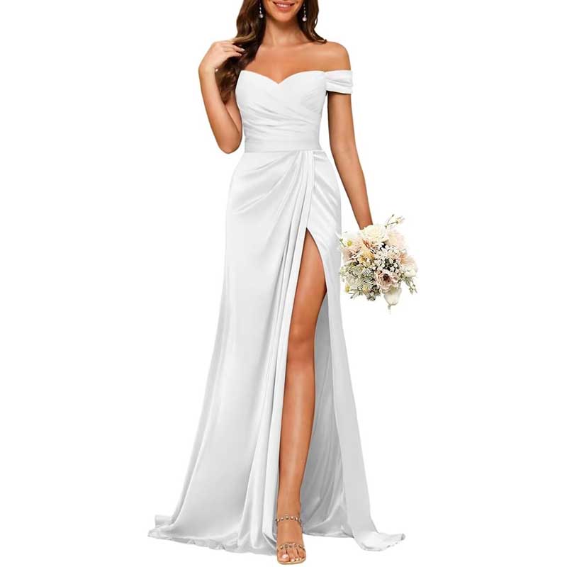 Long Satin Bridesmaid Dress Off-the-Shoulder Neckline & High-Leg Split
