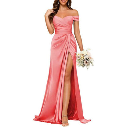 Long Satin Bridesmaid Dress Off-the-Shoulder Neckline & High-Leg Split