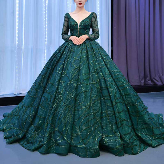 Long Sleeve Sequin Prom Dress Emerald Green Bridal Ball Gowns with Train