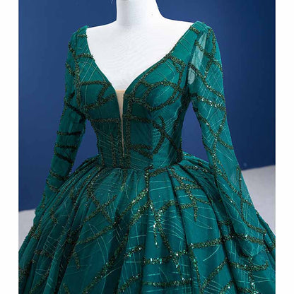 Long Sleeve Sequin Prom Dress Emerald Green Bridal Ball Gowns with Train