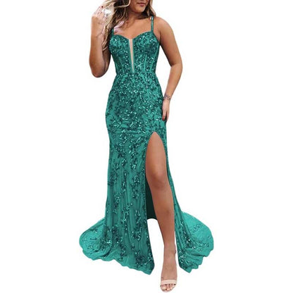 Long Sparkly Spaghetti Strap Prom Dress Sequins & Beaded Ball Gown