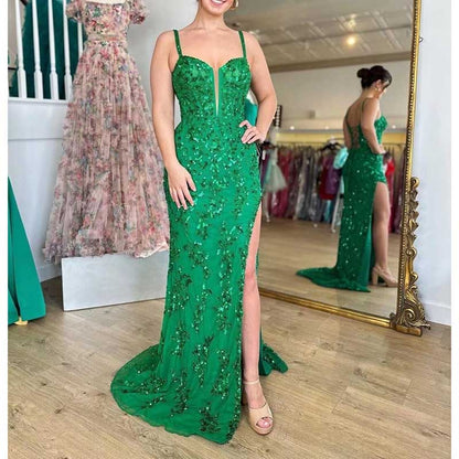 Long Sparkly Spaghetti Strap Prom Dress Sequins & Beaded Ball Gown