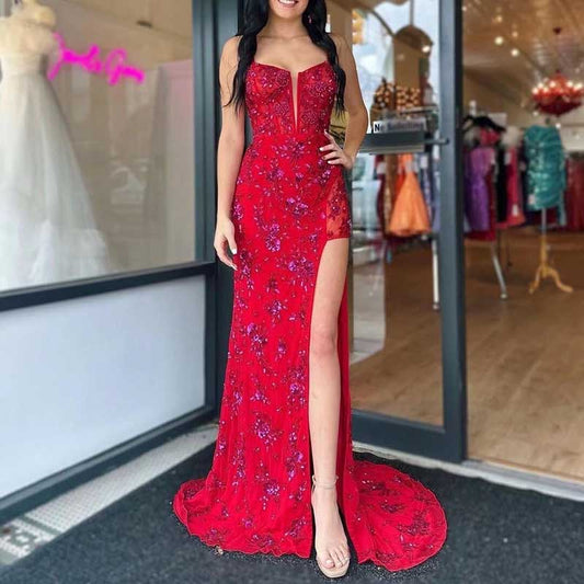 Long Sparkly Spaghetti Strap Prom Dress Sequins & Beaded Ball Gown