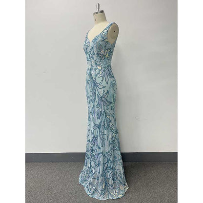 Mermaid Wedding Guest Dress Blue Long Evening Dress Floral Sequin Dress