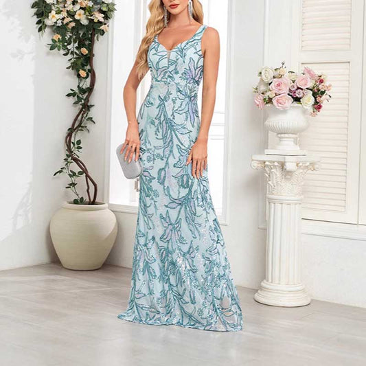 Mermaid Wedding Guest Dress Blue Long Evening Dress Floral Sequin Dress