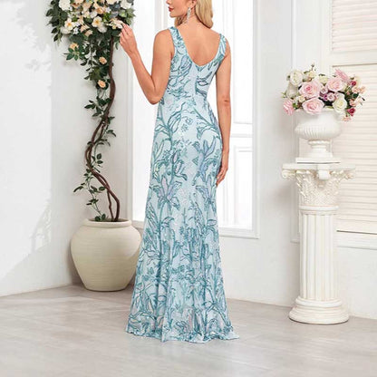 Mermaid Wedding Guest Dress Blue Long Evening Dress Floral Sequin Dress