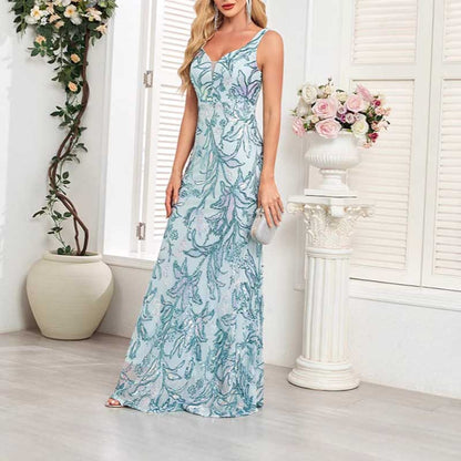 Mermaid Wedding Guest Dress Blue Long Evening Dress Floral Sequin Dress