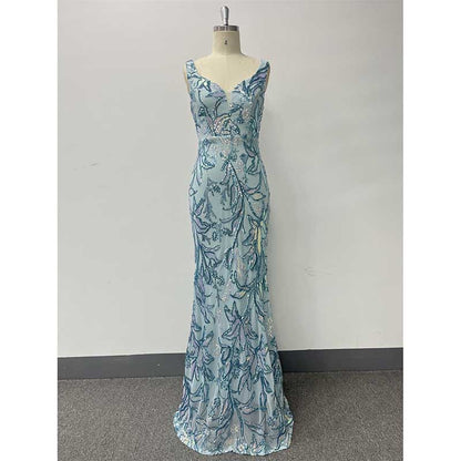 Mermaid Wedding Guest Dress Blue Long Evening Dress Floral Sequin Dress