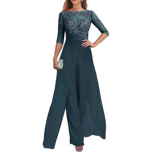 Mother of The Bride Pant Suits Wedding Jumpsuit Chiffon Lace Appliques Prom Ball Outfit