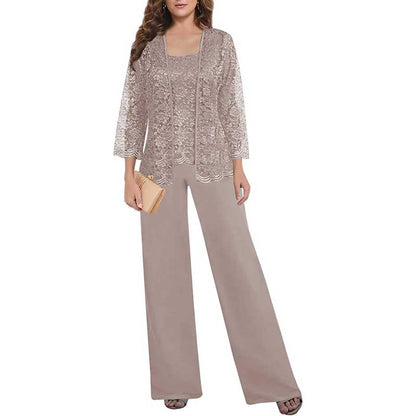 Mother of The Bride Pant Suits Square Neck lace Chiffon 3-Piece Formal Outfit