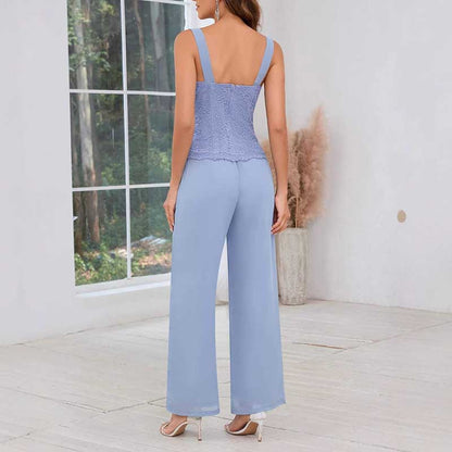 Mother of The Bride Pant Suits Square Neck lace Chiffon 3-Piece Formal Outfit