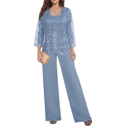 Mother of The Bride Pant Suits Square Neck lace Chiffon 3-Piece Formal Outfit