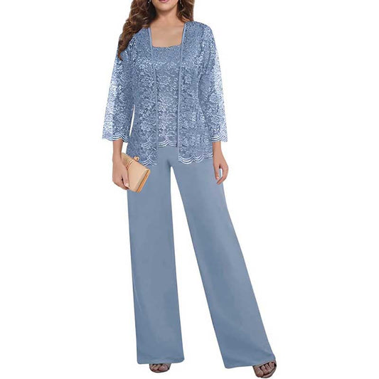 Mother of The Bride Pant Suits Square Neck lace Chiffon 3-Piece Formal Outfit