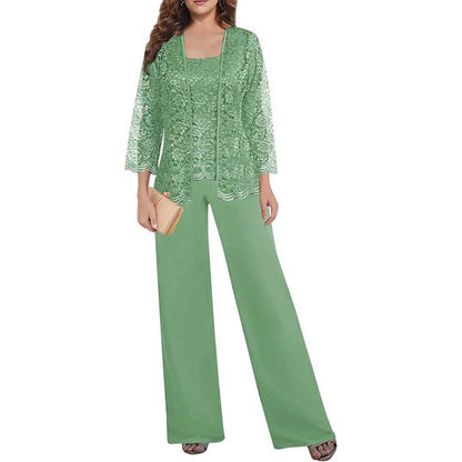 Mother of The Bride Pant Suits Square Neck lace Chiffon 3-Piece Formal Outfit