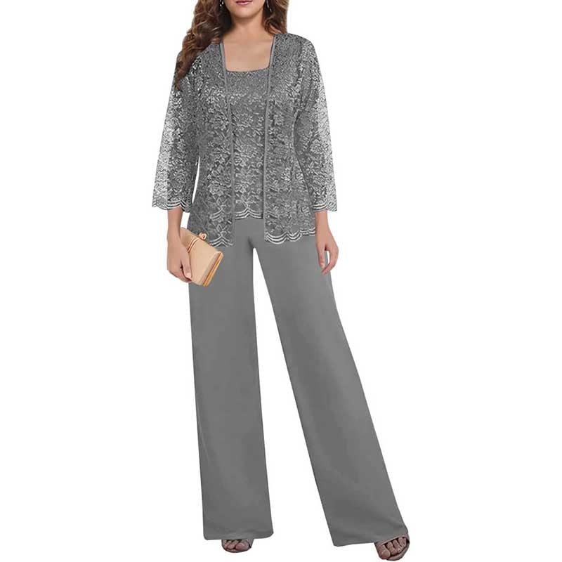 Mother of The Bride Pant Suits Square Neck lace Chiffon 3-Piece Formal Outfit