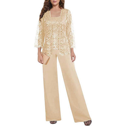 Mother of The Bride Pant Suits Square Neck lace Chiffon 3-Piece Formal Outfit