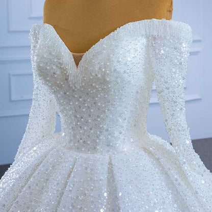 Off The Shoulder Sequin-Beaded Wedding Dresses for Bridal Long Sleeves