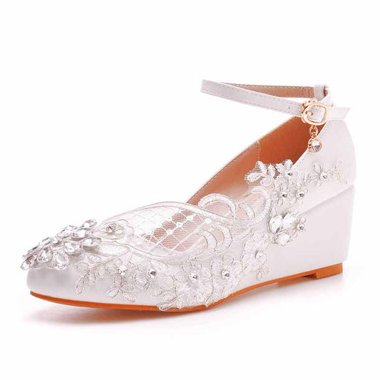 Rounded Toe White Wedges Bridal Sandals 2.17" Lace Wedding Shoes