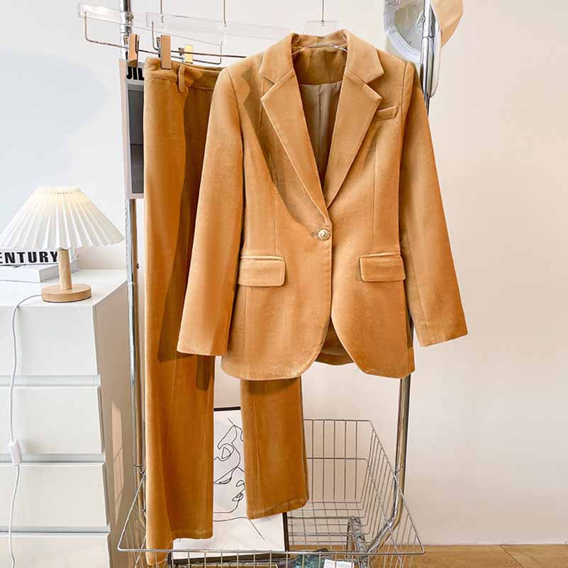 Women’s Khaki 2-Piece Suit | Single-Breasted Velvet Blazer & Trousers